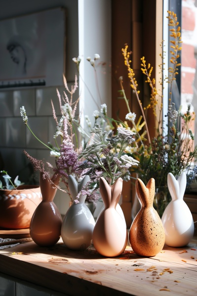Several Ceramic Rabbit Shaped Vases with Flowers in Them