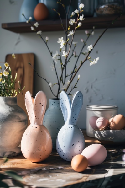 Two Ceramic Bunny Figurines and Eggs on a Table