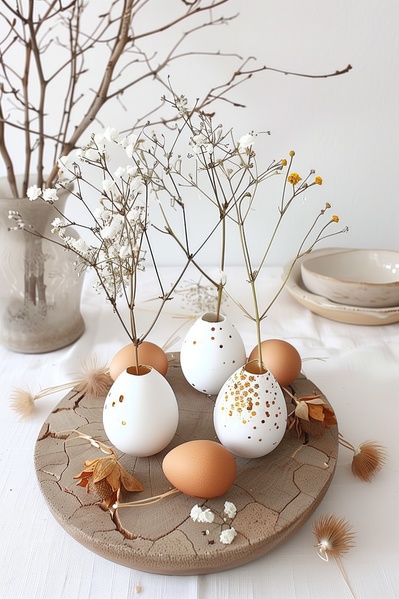 A Table Topped with Eggs Vases and Dried Flowers