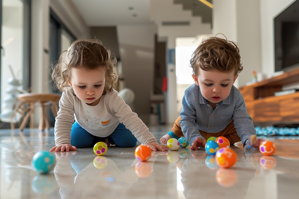 In this image two young children a boy and a girl are playing with colorful easter eggs on a shiny floor.