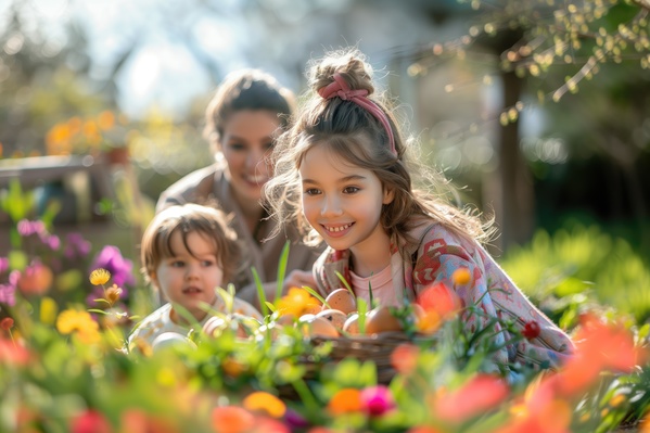 In this image a mother and two young girls are enjoying a sunny day in a beautiful garden filled with colorful flowers.