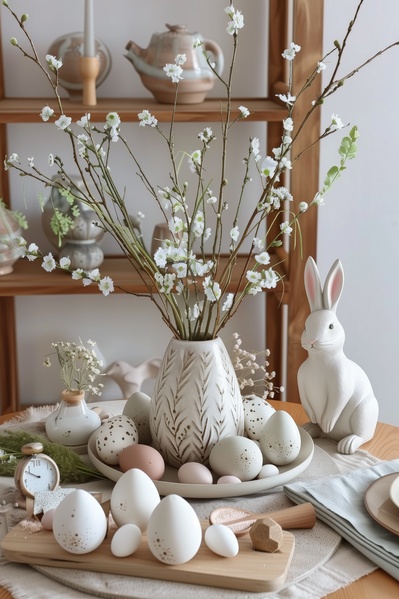 There Is a Vase Filled with White Flowers and Eggs on a Table