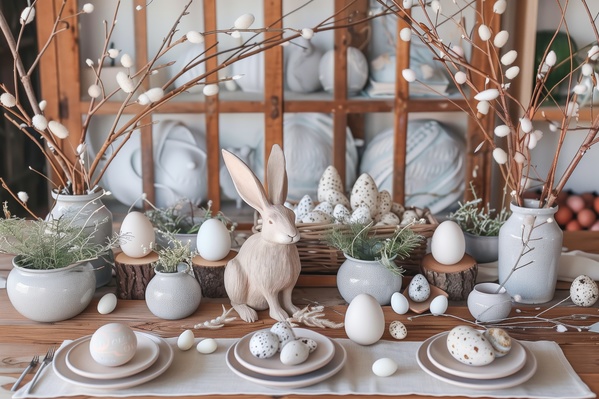 A Table Decorated for Easter with Eggs and a Bunny
