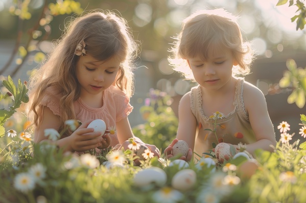 Two Little Kids Playing in the Grass with Easter Eggs and Flowers