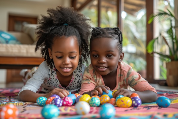 In this image two young girls are laying on the floor surrounded by colorful easter eggs.