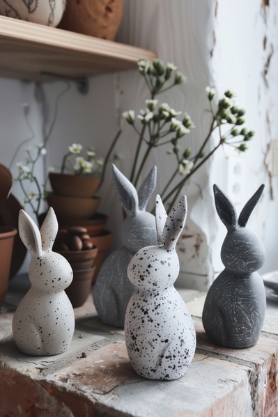 In this image there are four small ceramic bunny figurines placed on top of a brick shelf.