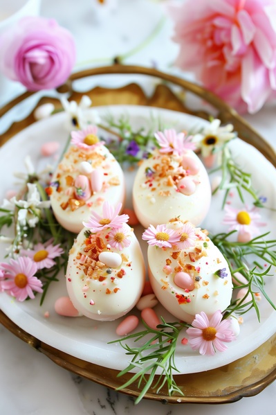 A Plate of Decorated Eggs with Pink Flowers and Sprinkles