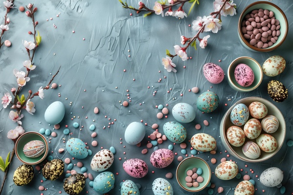 In this image a table is adorned with a variety of colorful easter eggs and chocolates.