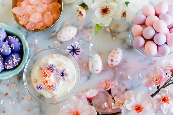 The image showcases a beautifully decorated table filled with a variety of easter-themed treats and decorations.