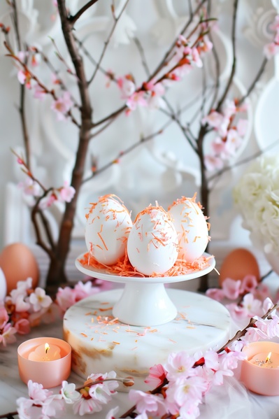 The image showcases a beautifully decorated table adorned with pink and white cherry blossoms.