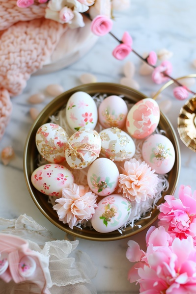 A Bowl of Pink and White Decorated Eggs on a Table