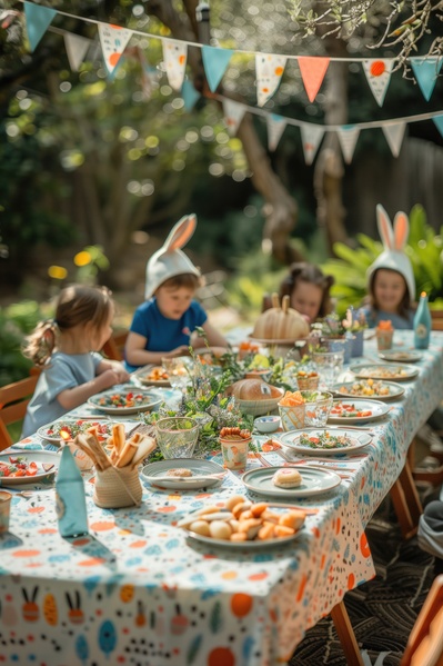 In this image a group of young children are gathered around an outdoor dining table enjoying a meal together.