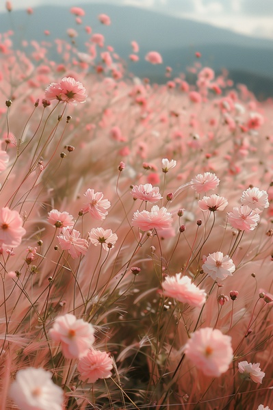 In this image there is a large field filled with pink flowers.