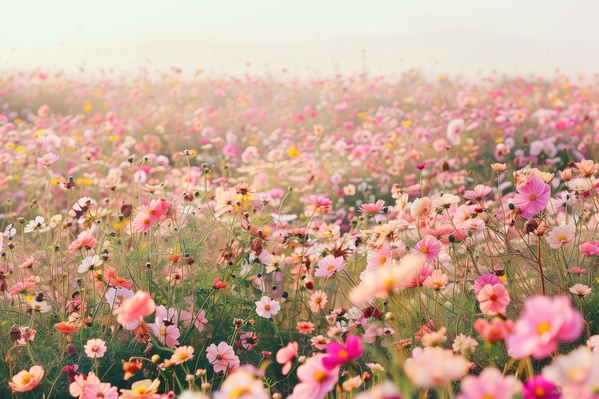 In this image there is a large field filled with a variety of pink and purple flowers creating a vibrant and colorful scene.