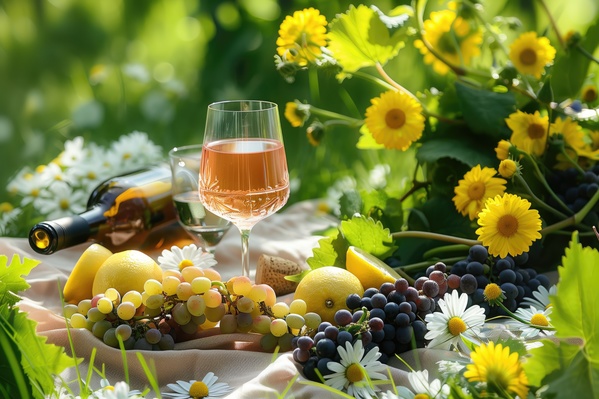 A Picnic with Wine Grapes and Other Fruits