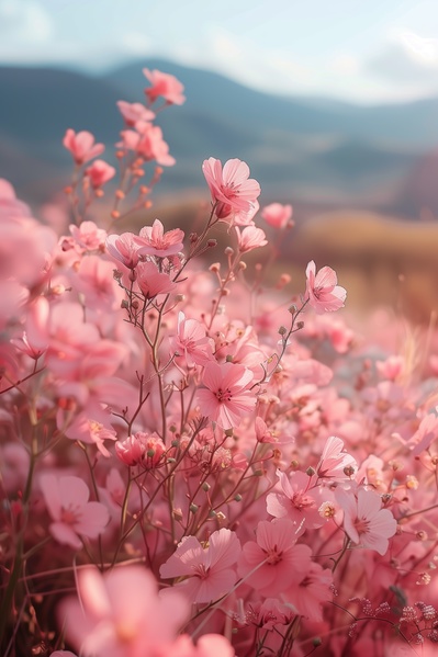 In this image there is a beautiful field of pink flowers in full bloom.