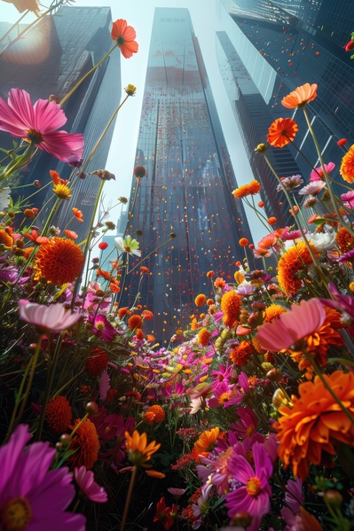 A Large Field of Colorful Flowers in Front of a City Skyline