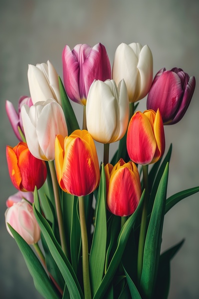 The image showcases a beautiful bouquet of tulips arranged in a vase.