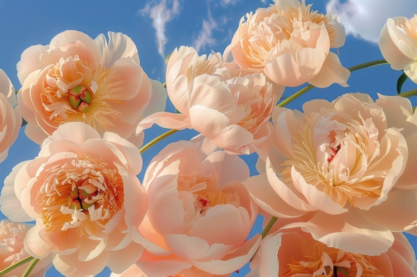 This image showcases a beautiful bouquet of peach-colored flowers against a cloudy blue sky.