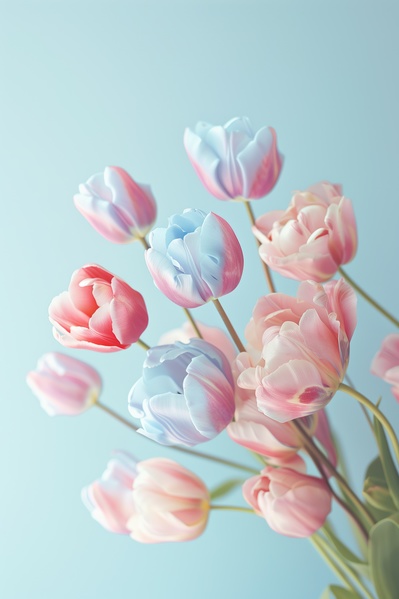 The image showcases a beautiful bouquet of pink and blue tulips arranged in a vase against a light blue background.