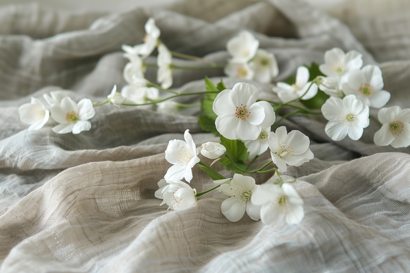 In this image there are several white flowers scattered across a cloth surface creating a serene and peaceful atmosphere.
