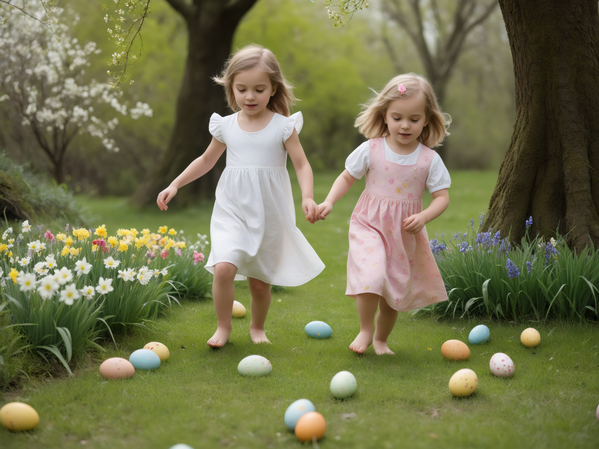In this image two young girls are playing in a grassy field surrounded by colorful easter eggs.
