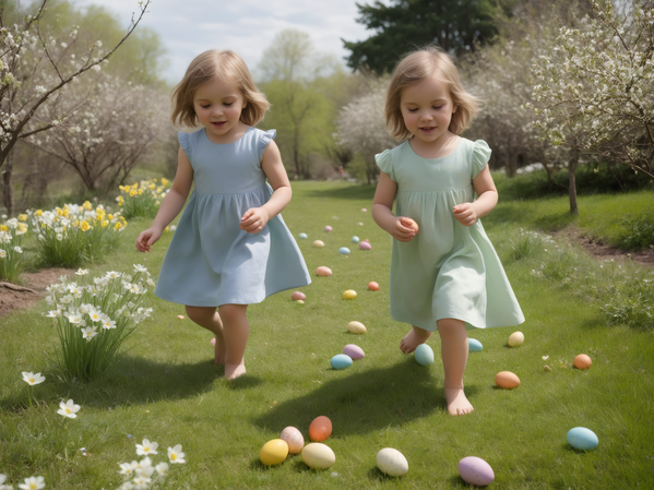 In this image two young girls are running and playing in a grassy field surrounded by colorful easter eggs.