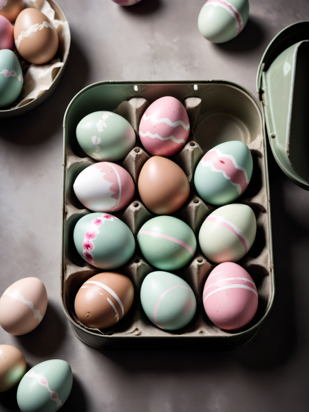 The image showcases an assortment of colorful easter eggs arranged in a tray on a table.