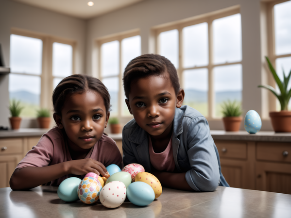 In this image two young children a boy and a girl are sitting at a kitchen counter surrounded by colorful easter eggs.