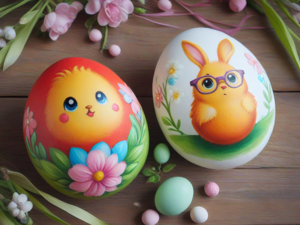 In this image there are two decorated easter eggs placed on a wooden table.