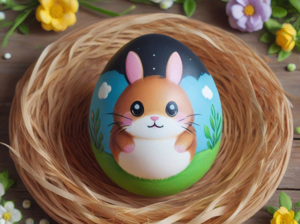 In the image there is a beautifully decorated easter egg placed on a wooden table.