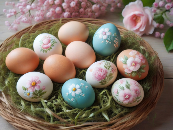 In the image there is a wicker basket filled with colorful easter eggs decorated with floral designs.