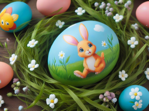 The image showcases a beautifully decorated easter egg with a cute bunny painted on it.
