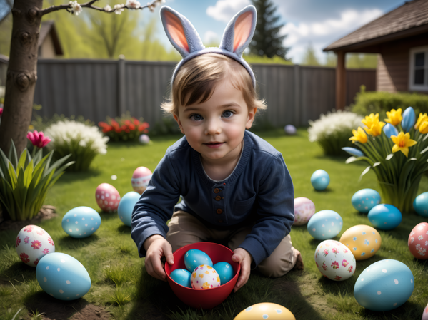 In the image a young child wearing bunny ears is sitting on the grass surrounded by colorful easter eggs.