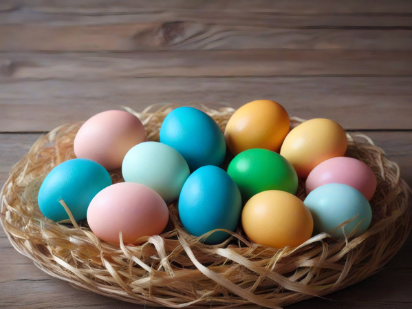 In this image a colorful easter egg nest is placed on a wooden table.