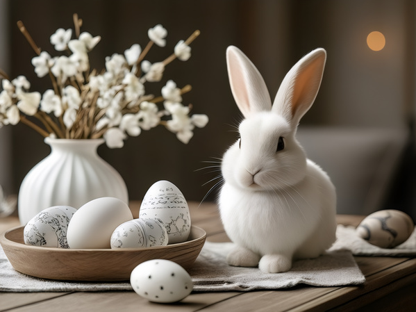 In the image there is a white bunny sitting on a wooden table next to a bowl filled with colorful easter eggs.