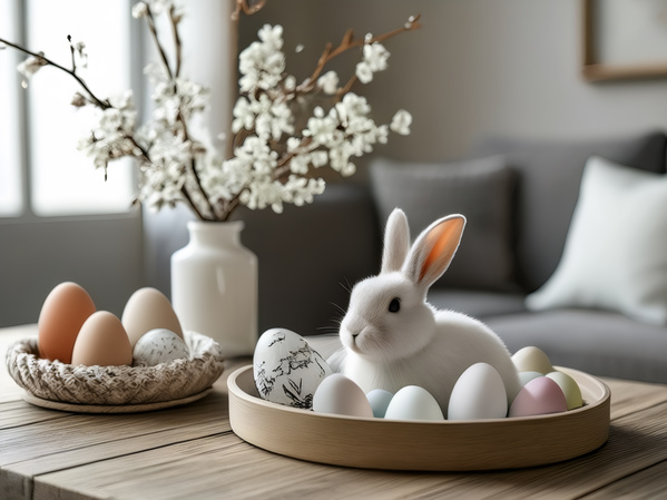 In the image there is a white bunny sitting in a bowl surrounded by colorful easter eggs.