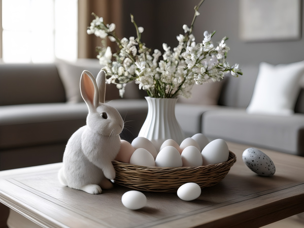 A White Bunny Sitting Next to a Basket of Easter Eggs