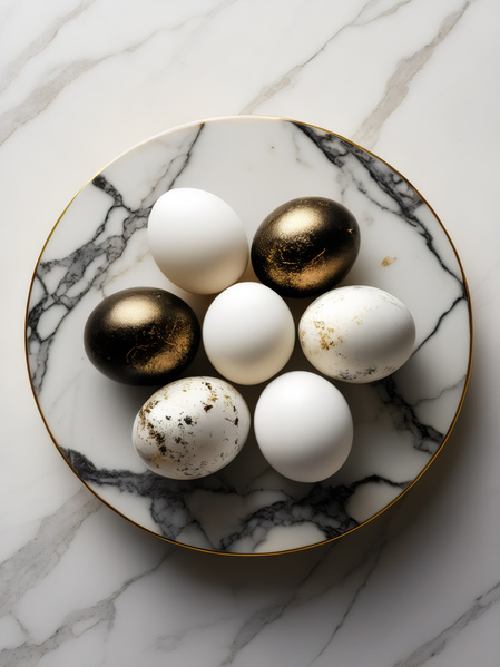 White and Black Eggs on a Plate on a Marble Counter Top with a White Background