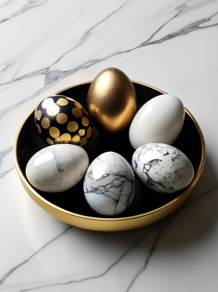 In this image there is a gold-rimmed bowl filled with colorful easter eggs.