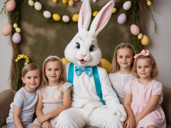 In this image a large easter bunny is posing for a photo with a group of four young girls.