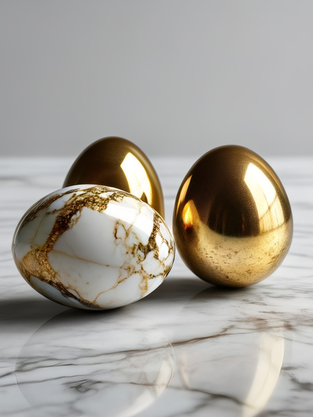 Three Gold and White Marble Eggs Sitting on a Marble Counter Top