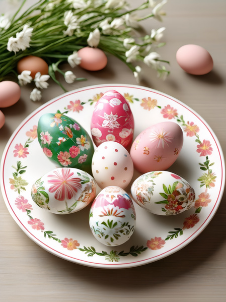 The image showcases a beautifully decorated plate filled with six colorful easter eggs.