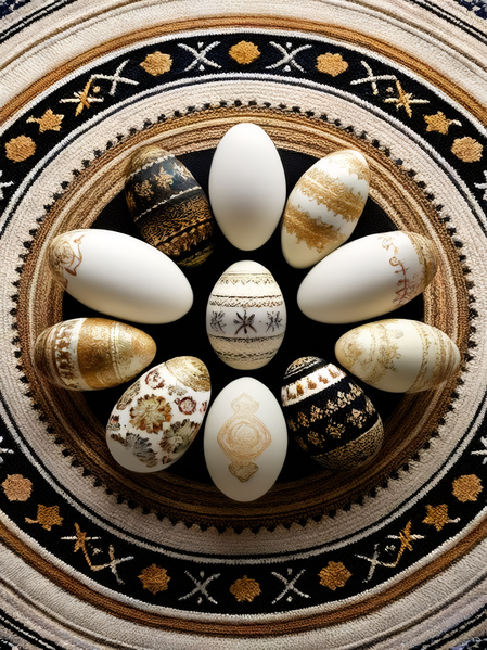 The image showcases a beautiful display of decorated easter eggs arranged in a circular pattern on top of an ornate rug.