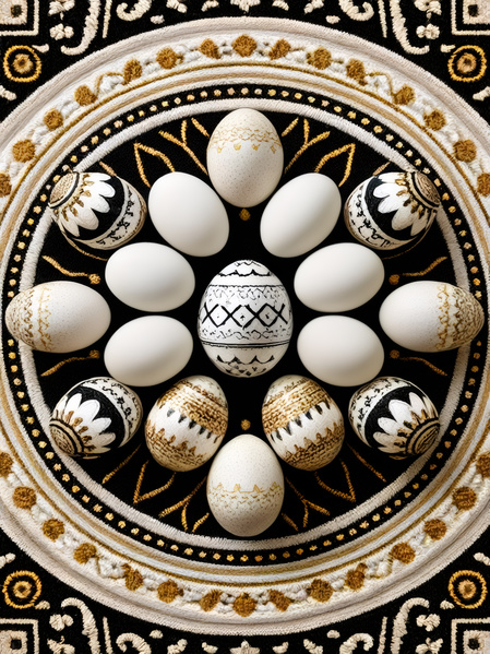 The image showcases a beautiful arrangement of white and gold easter eggs arranged in a circular pattern on a black and white marble background.