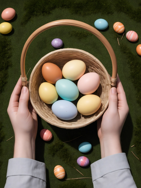 In this image a person's hands are holding a wicker basket filled with colorful easter eggs.