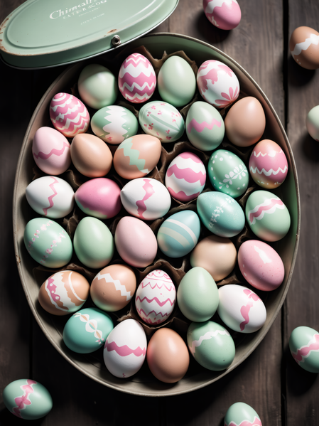 The image showcases a collection of colorful easter eggs arranged in a bowl on a wooden table.