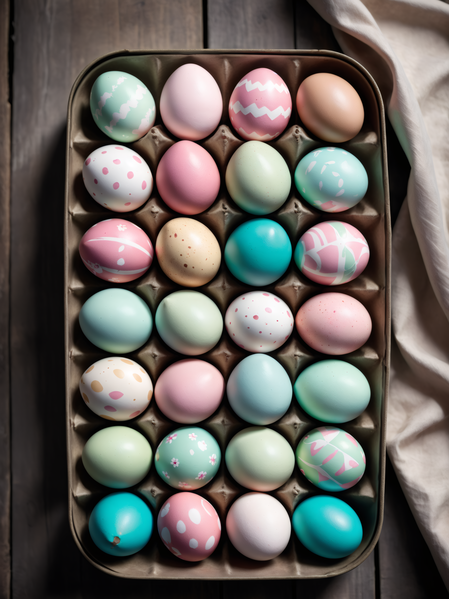 The image showcases a collection of colorful easter eggs arranged in a tray on a wooden table.