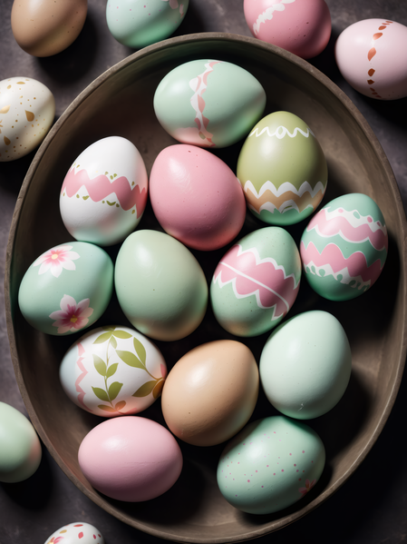The image showcases a bowl filled with a variety of decorated easter eggs in various shades of pink green and blue.