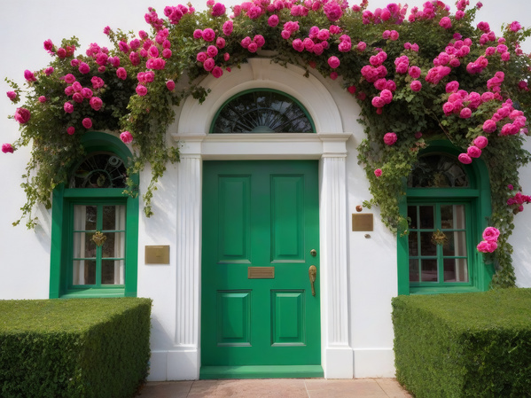 A Green Door with Pink Flowers Growing on the Side of the Building